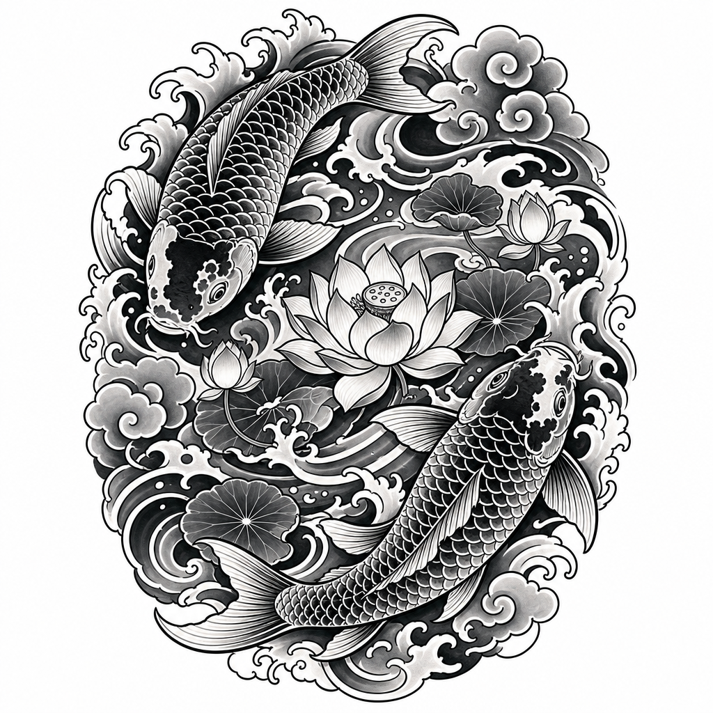 AI tattoo flash: twin koi circling a lotus pond. Preview it on your own skin and export an artist-re