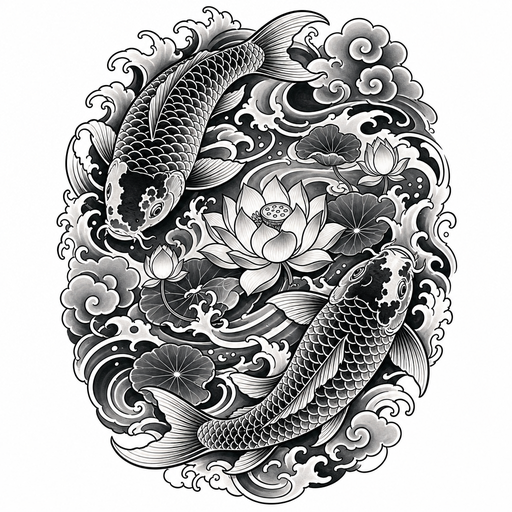 twin koi circling a lotus pond