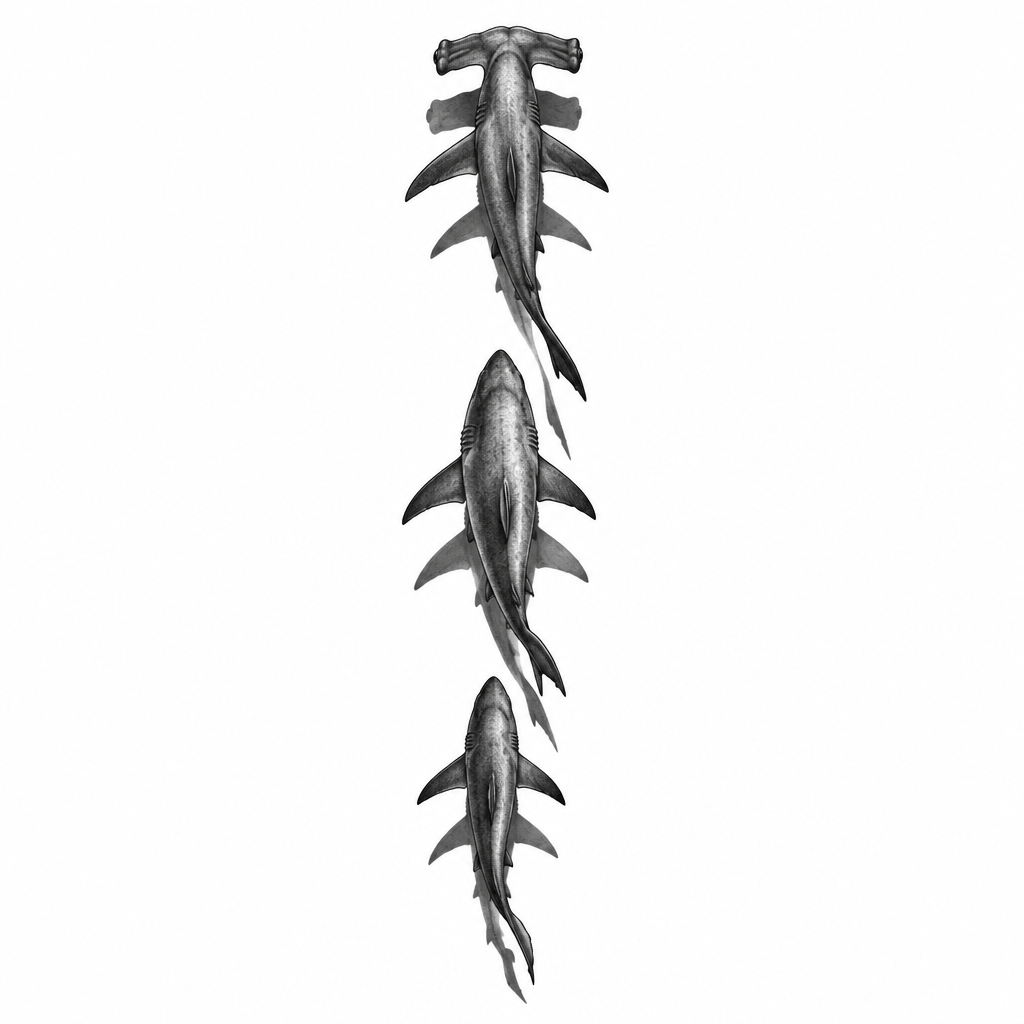 AI tattoo flash: 3 sharks seen from above swimming with their shadows underneath them, one behind th