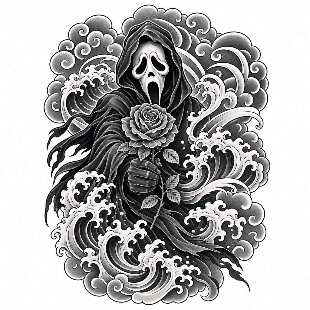 AI tattoo flash: Scarface von dem Film scream mit einer Rosse, Kannst du die Rose in seine Hand tun.