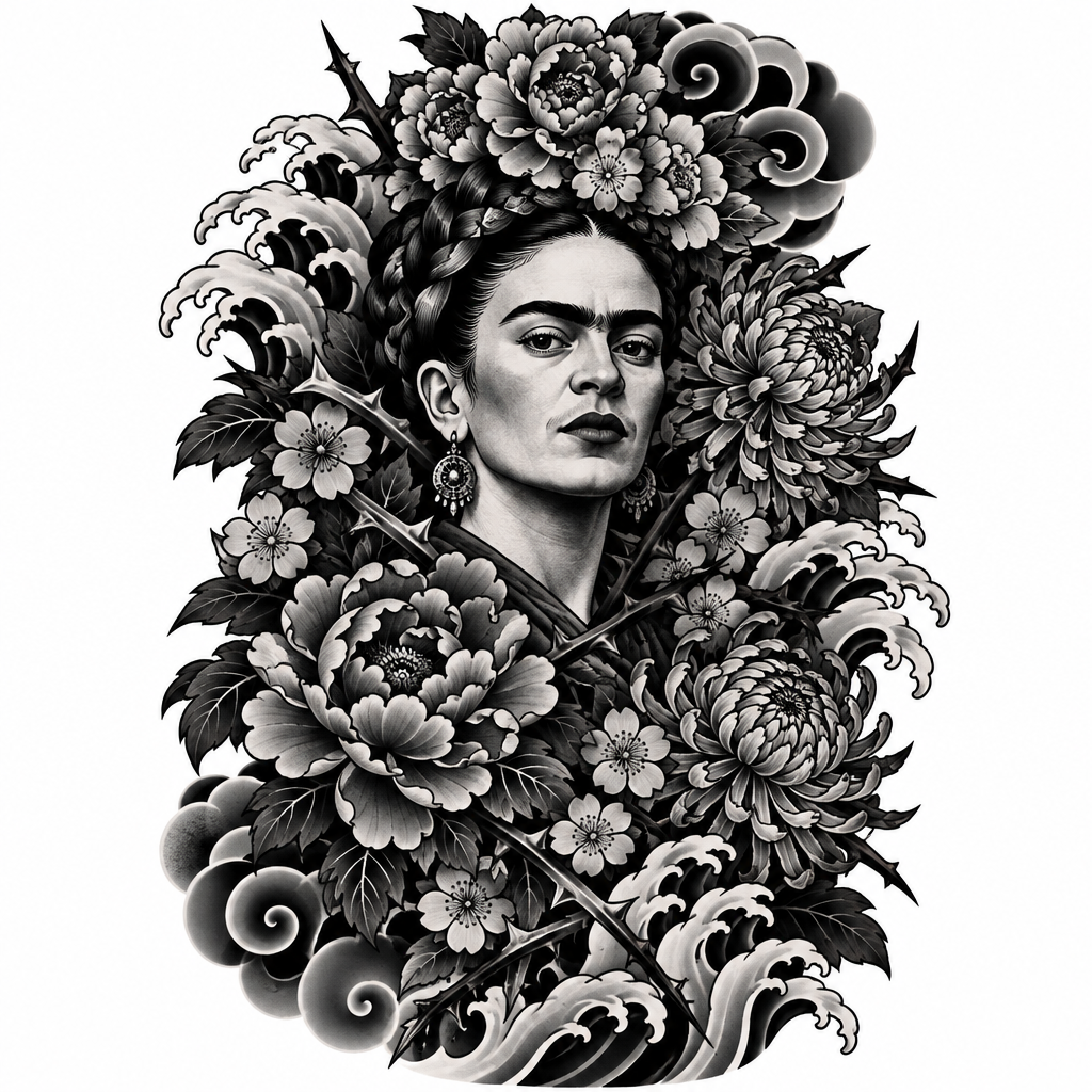 AI tattoo flash: “frida kahlo ausgebreitete blüten das gesicht klar, ich möchte mehr blumen und ausg