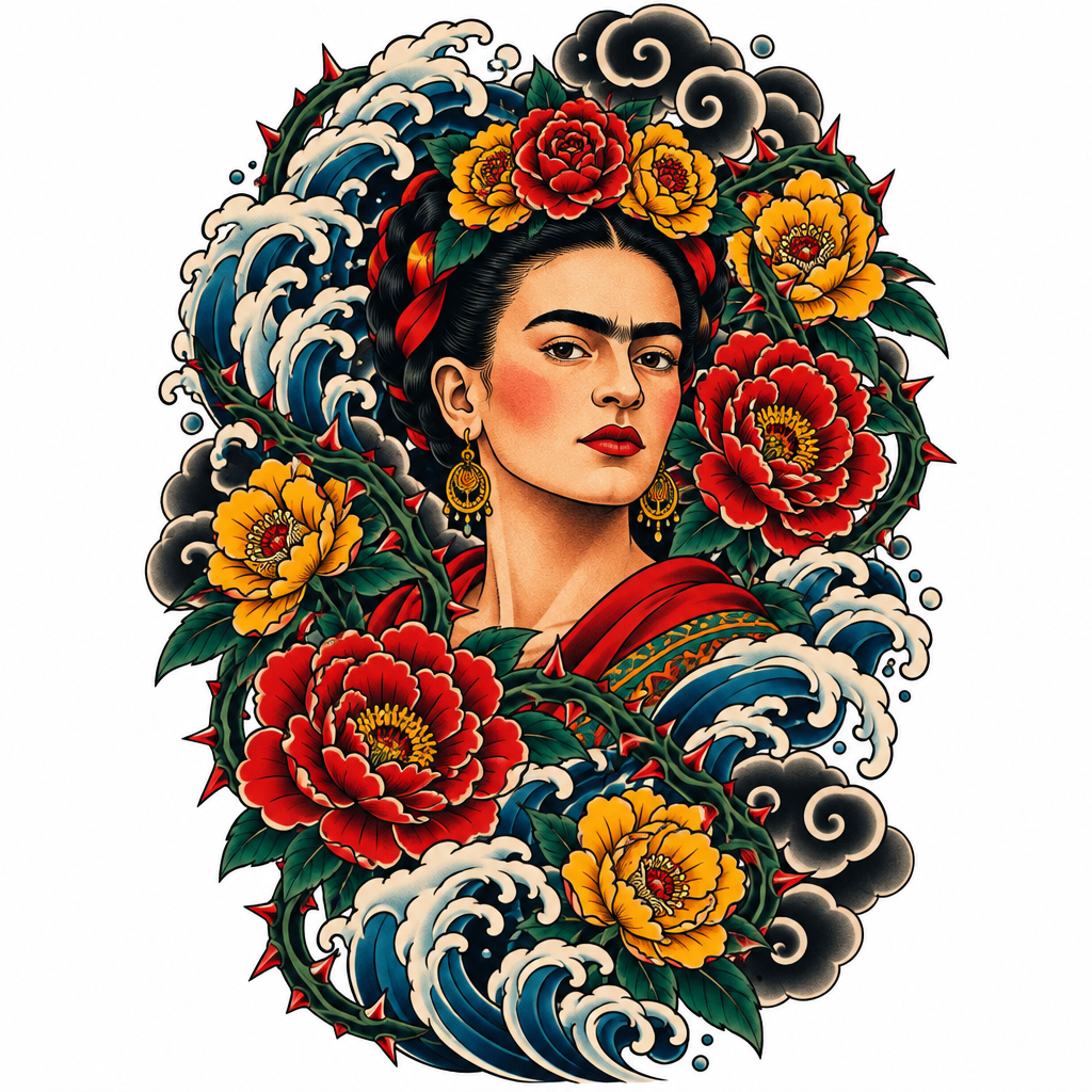 AI tattoo flash: Frieda Kahlo with thorned flowers around her in red and yellow. Preview it on your