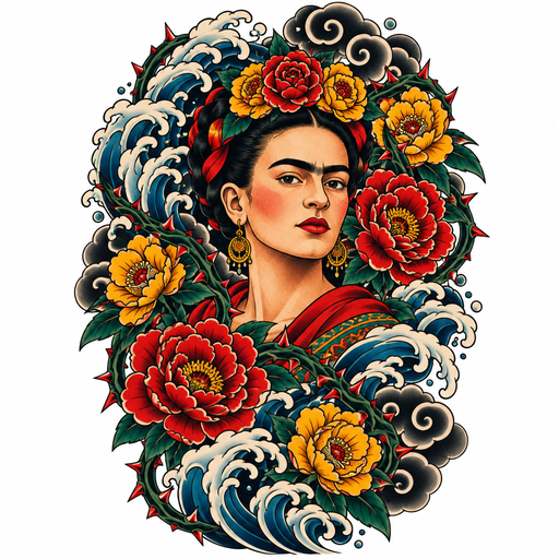 Frieda Kahlo with thorned flowers around her in red and yellow