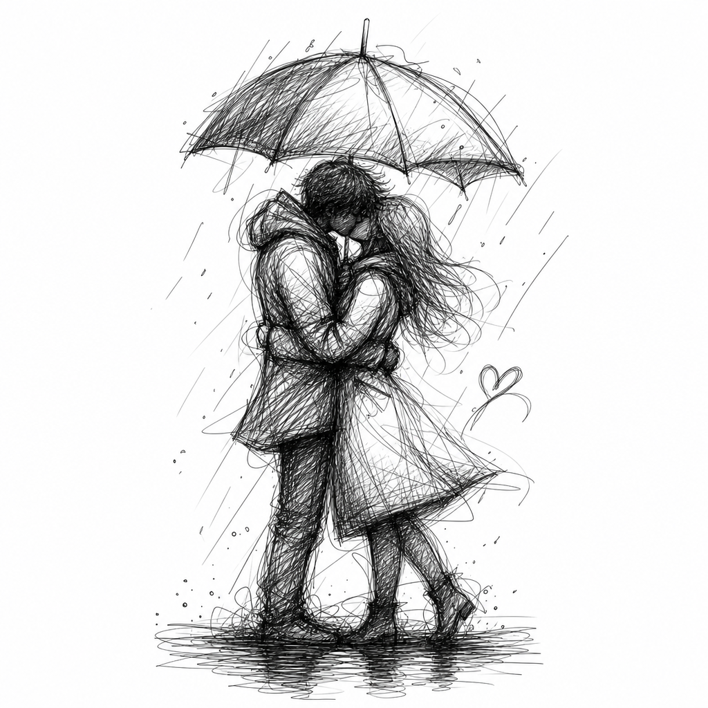 AI tattoo flash: lovers kissing beneath an umbrella. Preview it on your own skin and export an artis