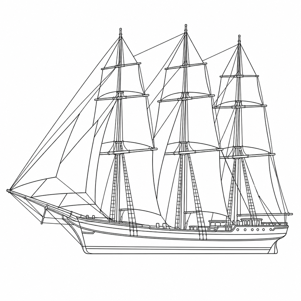 AI tattoo flash: fine-line schooner with three masts. Preview it on your own skin and export an arti