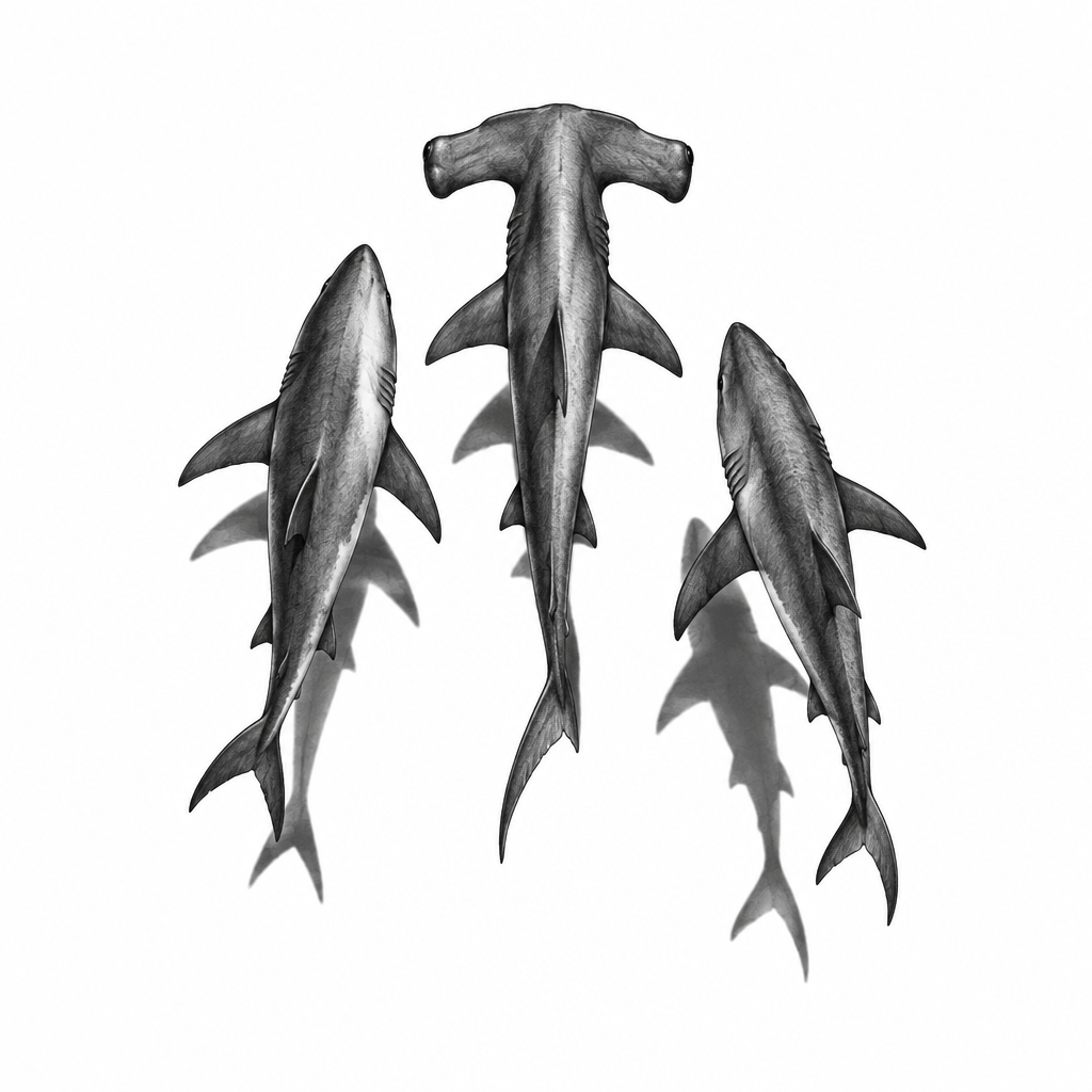 AI tattoo flash: 3 sharks seen from above swimming with their shadows under, 1 is an hammerhead. Pre