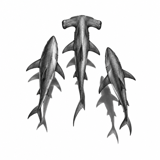 3 sharks seen from above swimming with their shadows under, 1 is an hammerhead 