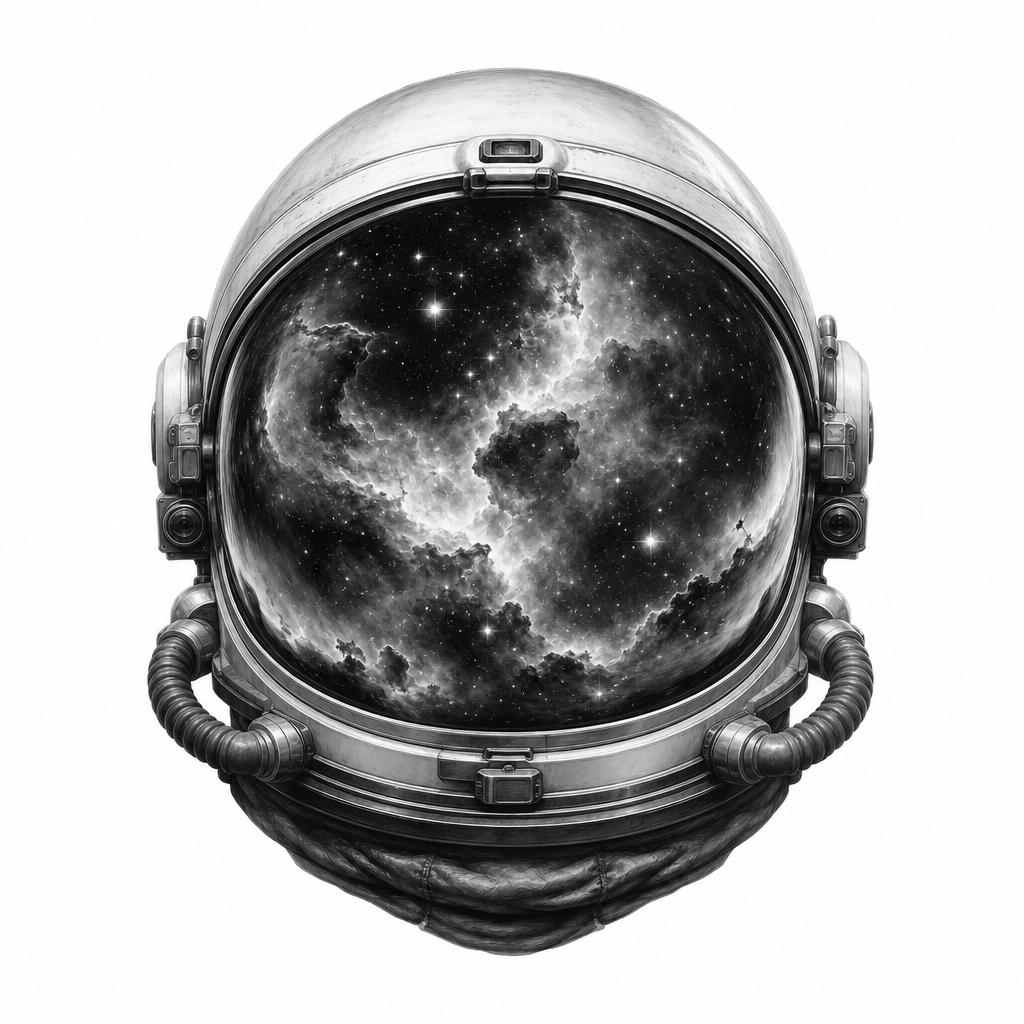 AI tattoo flash: astronaut helmet reflecting a nebula. Preview it on your own skin and export an art