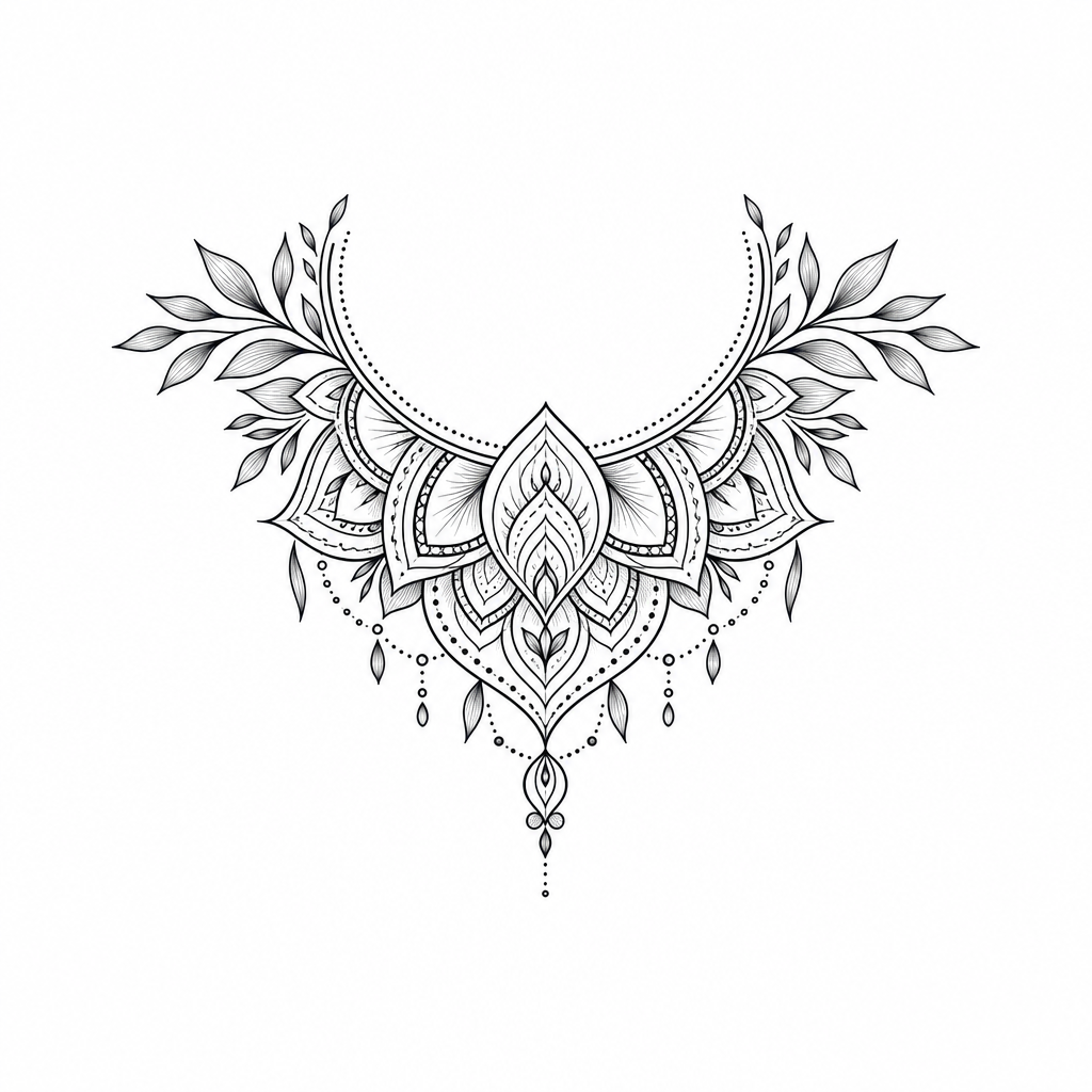 AI tattoo flash: ich möchte ein mandala mit einem halbreis oben gerne auch pflanzenblätter intigirer