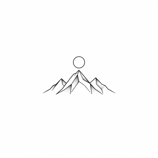 A small geometric mountain outline with a single sun, clean black line work