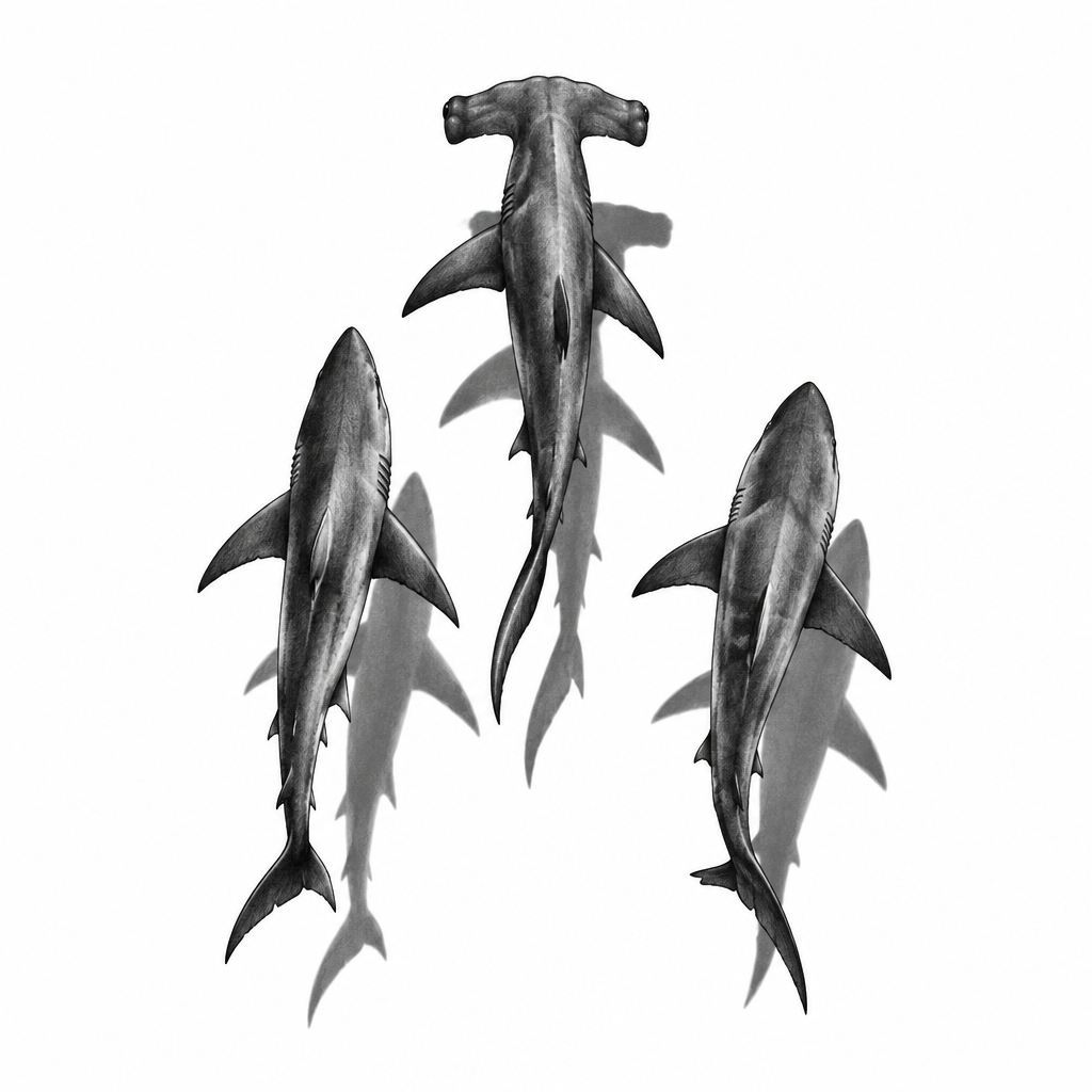 AI tattoo flash: 3 sharks seen from above swimming with their shadows under, 1 is an hammerhead. Pre