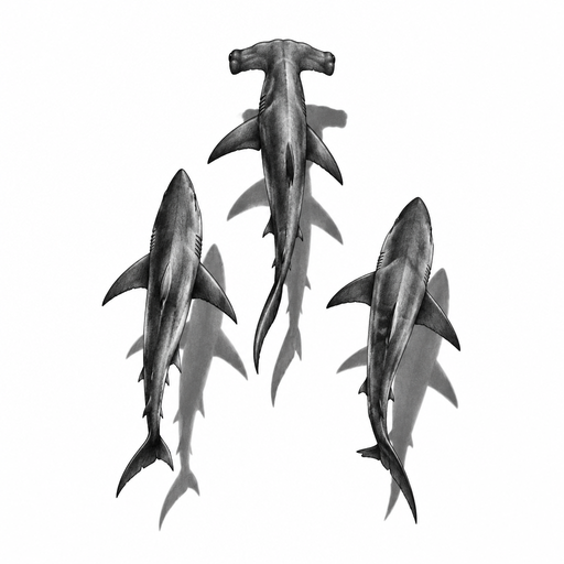 3 sharks seen from above swimming with their shadows under, 1 is an hammerhead 
