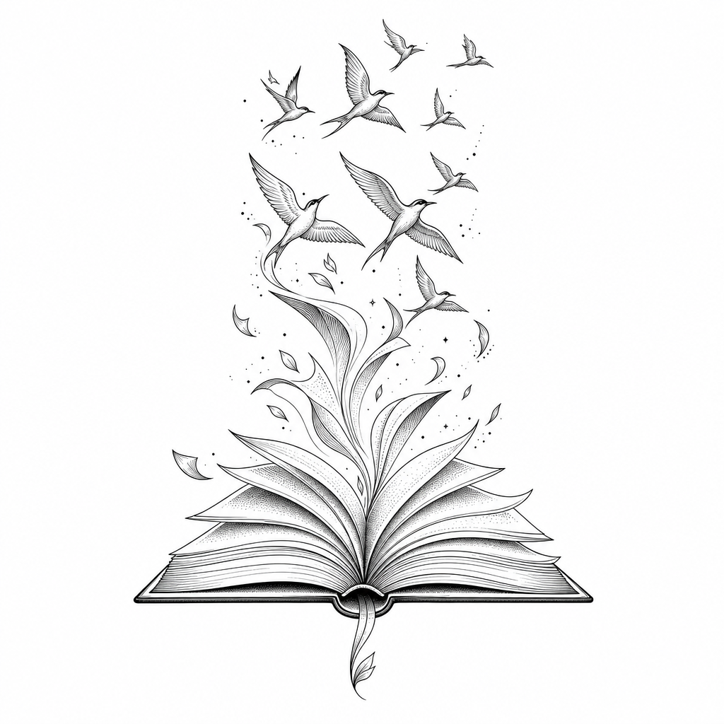 AI tattoo flash: open book with pages turning into birds. Preview it on your own skin and export an 