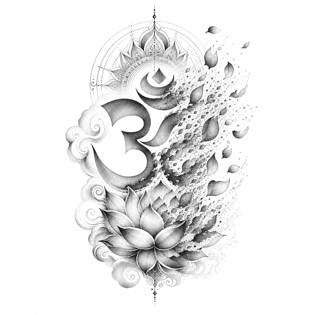 AI tattoo flash: om symbol dissolving into lotus petals. Preview it on your own skin and export an a