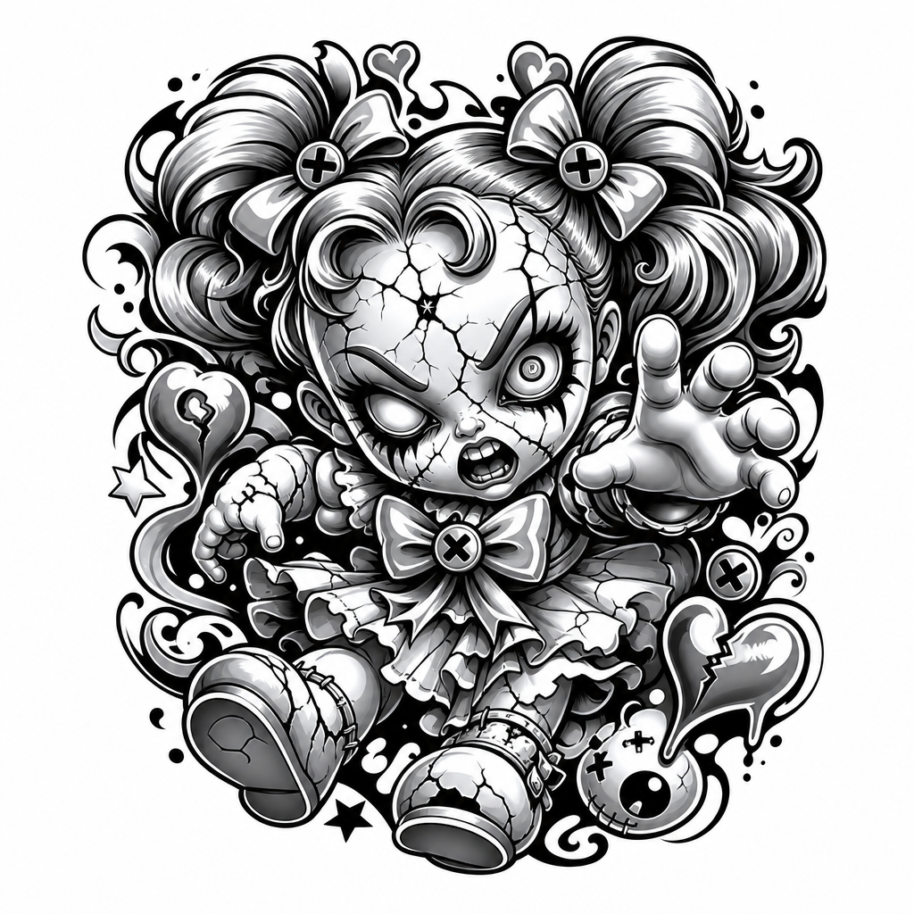AI tattoo flash: a possessed doll with cracked porcelain face. Preview it on your own skin and expor