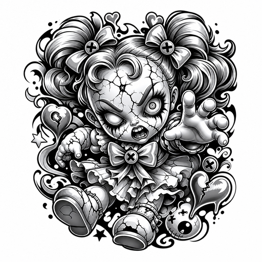 a possessed doll with cracked porcelain face