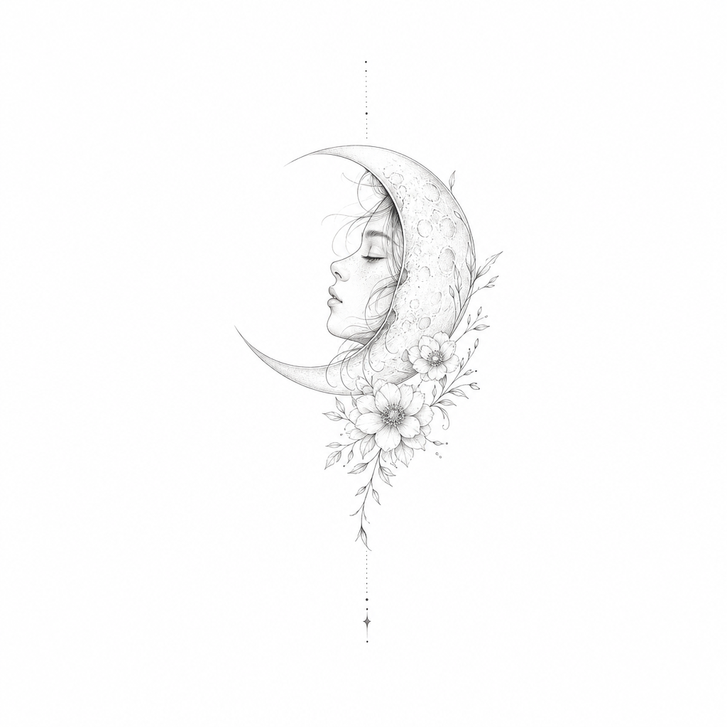 AI tattoo flash: crescent moon resting on the collarbone. Preview it on your own skin and export an 