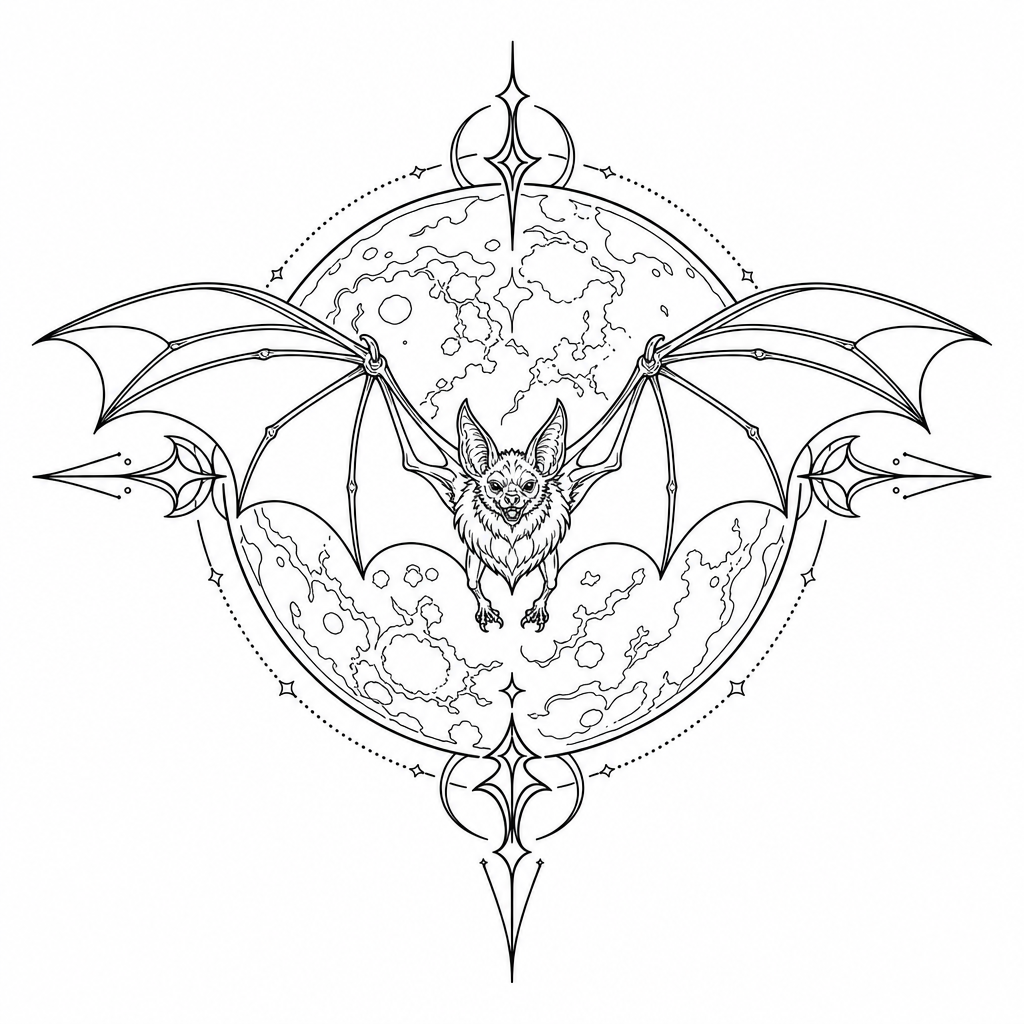 AI tattoo flash: a bat soaring across a blood moon. Preview it on your own skin and export an artist