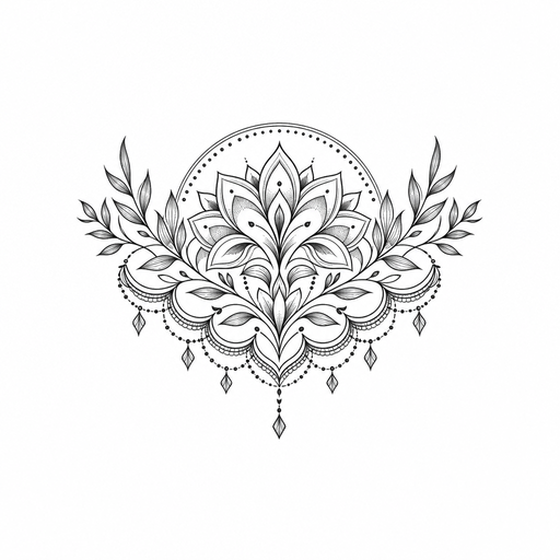 ich möchte ein mandala mit einem halbreis oben gerne auch pflanzenblätter intigi