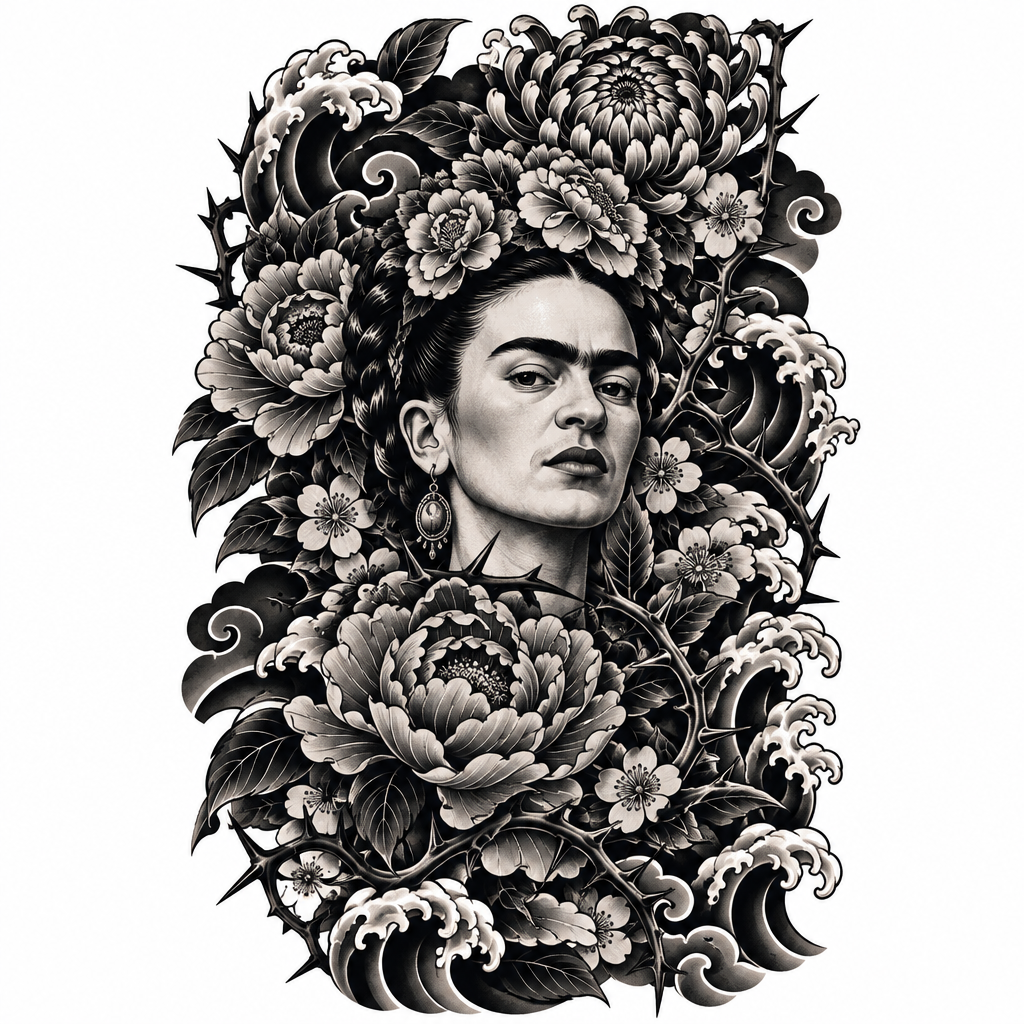 AI tattoo flash: “frida kahlo ausgebreitete blüten das gesicht klar, ich möchte mehr blumen und ausg