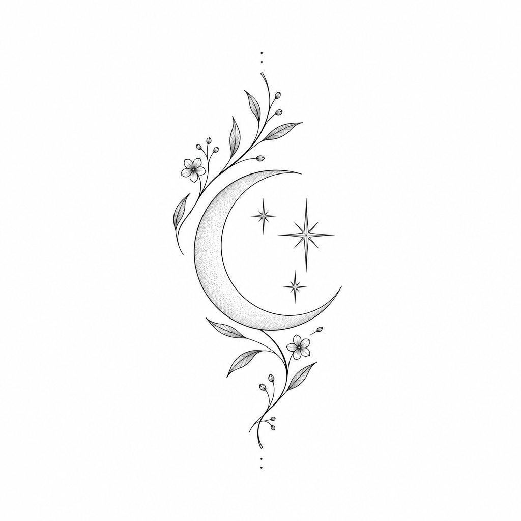 AI tattoo flash: a small crescent moon with three stars. Preview it on your own skin and export an a
