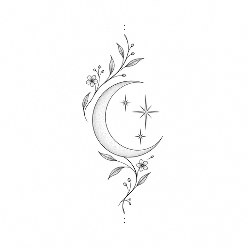 a small crescent moon with three stars