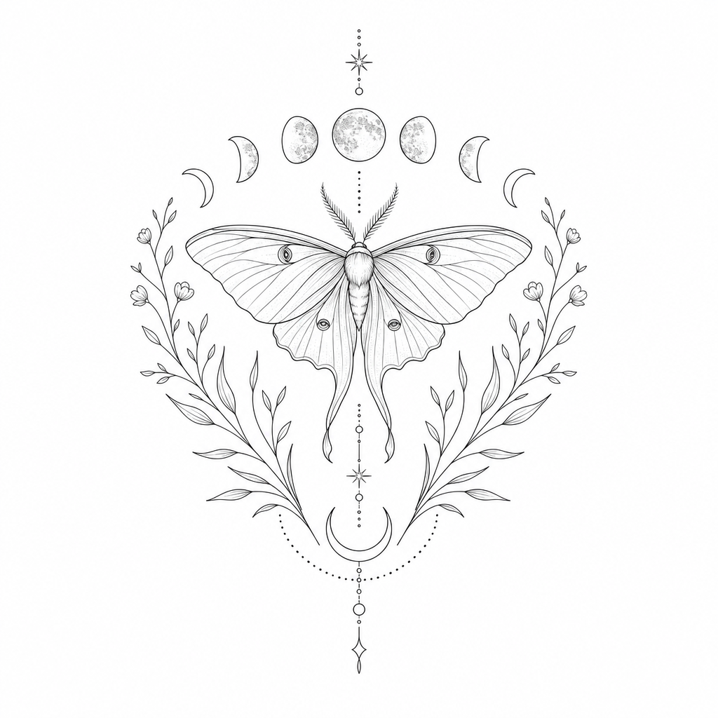 AI tattoo flash: a moth with moon phases. Preview it on your own skin and export an artist-ready fil