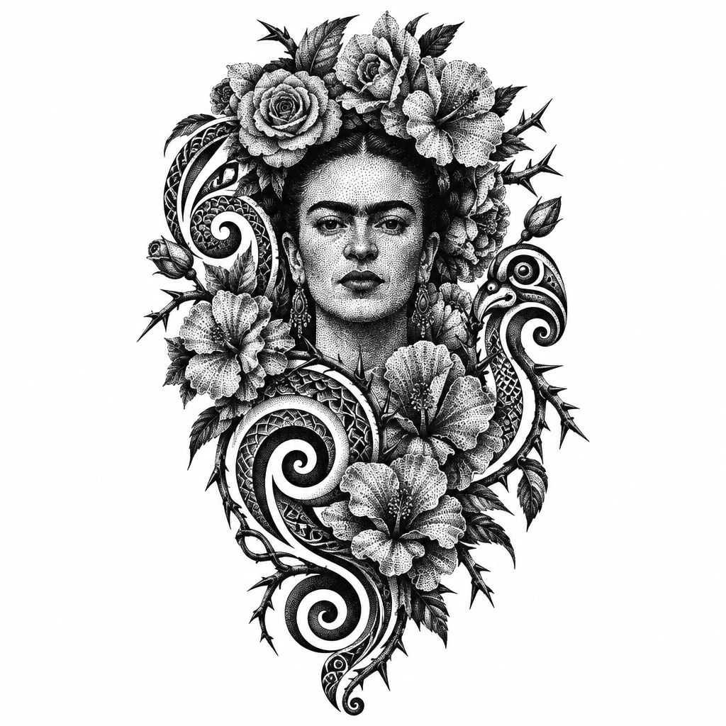 AI tattoo flash: ““frida kahlo ausgebreitete blüten das gesicht klar, ich möchte mehr blumen und aus