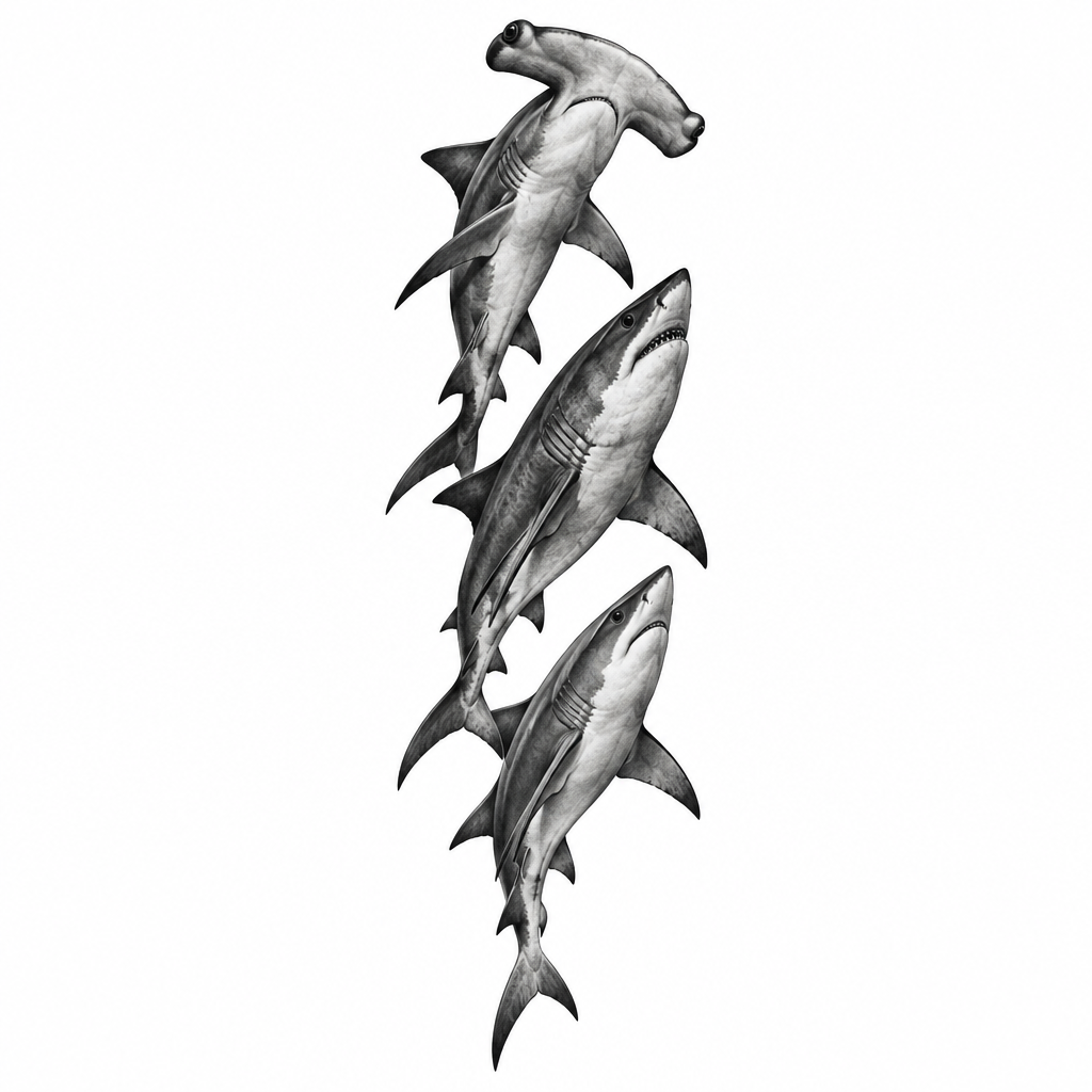 AI tattoo flash: 3 sharks swimming up the forearm,1 is an hammerhead. Preview it on your own skin an