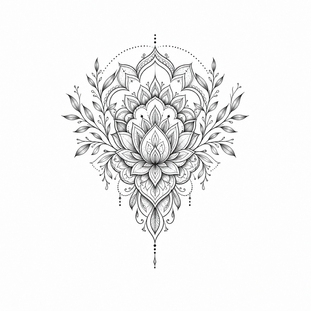 AI tattoo flash: ich möchte ein mandala mit einem halbreis oben gerne auch pflanzenblätter intigirer
