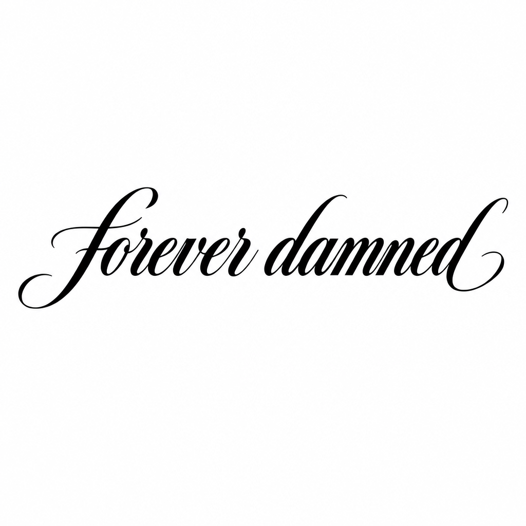 AI tattoo flash: a phrase forever damned in flowing letters. Preview it on your own skin and export
