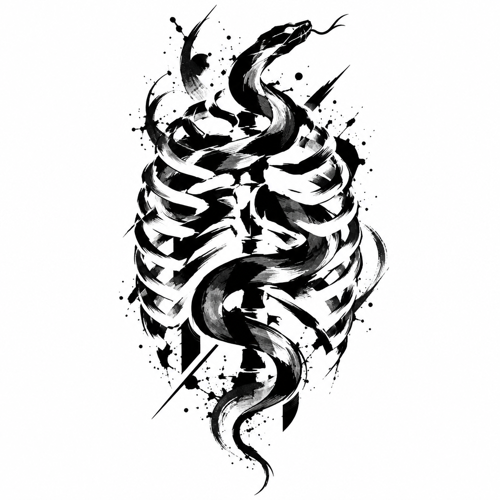 AI tattoo flash: a snake coiled through an empty rib cage. Preview it on your own skin and export an