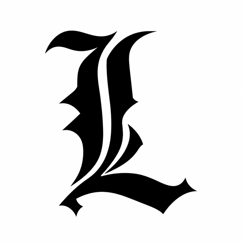 AI tattoo flash: Apply the original ‘L’ symbol from the anime Death Note as a large, realistic black