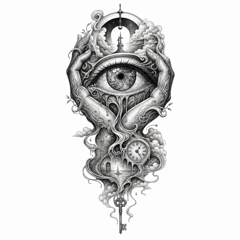 AI tattoo flash: Envision a surrealistic tattoo design featuring a large, weeping eye, its iris swir
