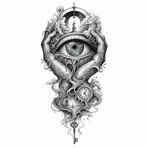 Envision a surrealistic tattoo design featuring a large, weeping eye, its iris s