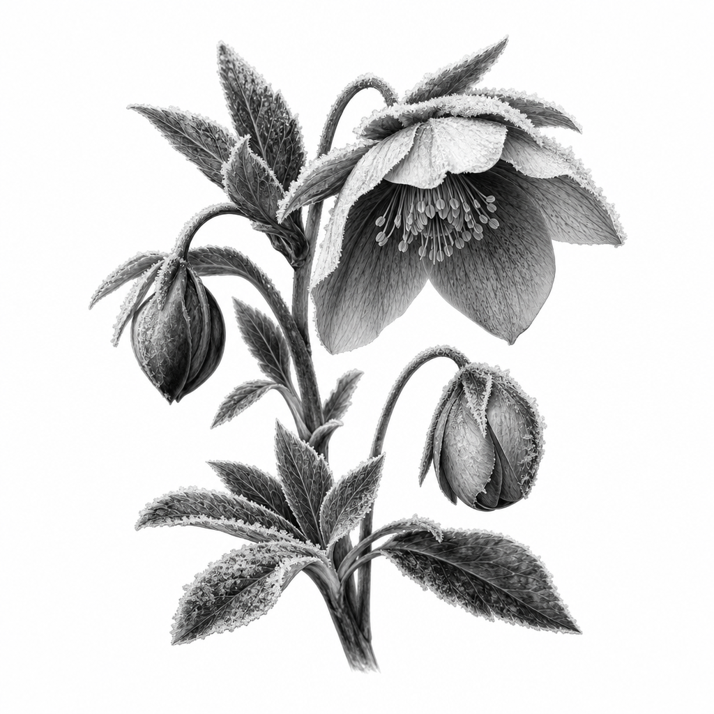 AI tattoo flash: hellebore drooping in winter frost. Preview it on your own skin and export an artis