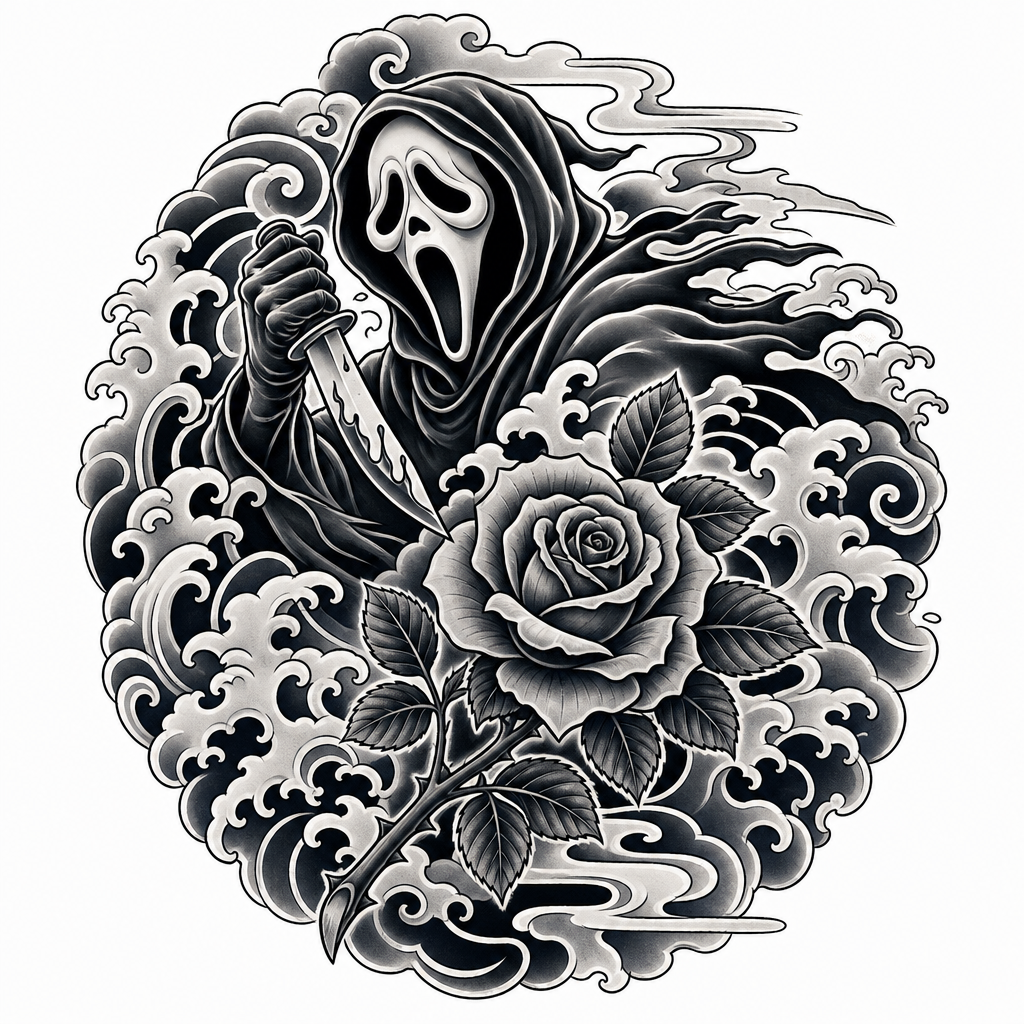 AI tattoo flash: Scarface von dem Film scream mit einer Rosse. Preview it on your own skin and expor
