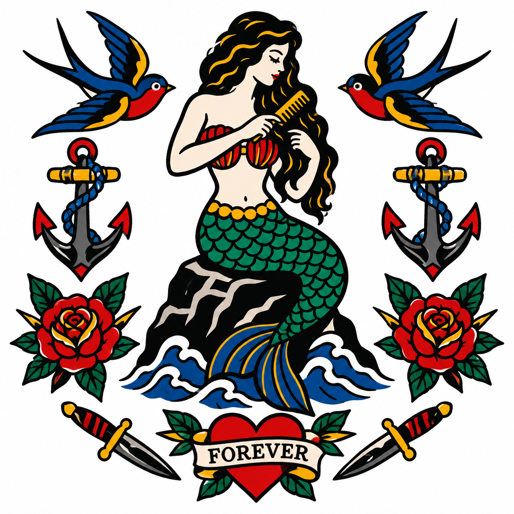AI tattoo flash: mermaid combing her hair on a rock. Preview it on your own skin and export an artis