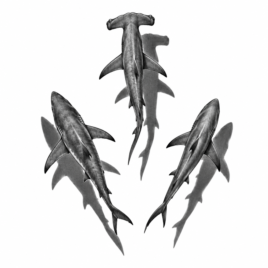 AI tattoo flash: 3 sharks seen from above swimming with their shadows under, 1 is an hammerhead. Pre