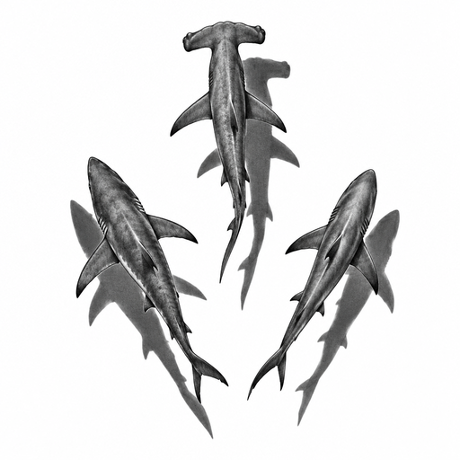 3 sharks seen from above swimming with their shadows under, 1 is an hammerhead 