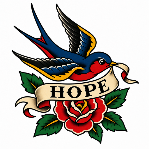 a swallow carrying a banner that says hope