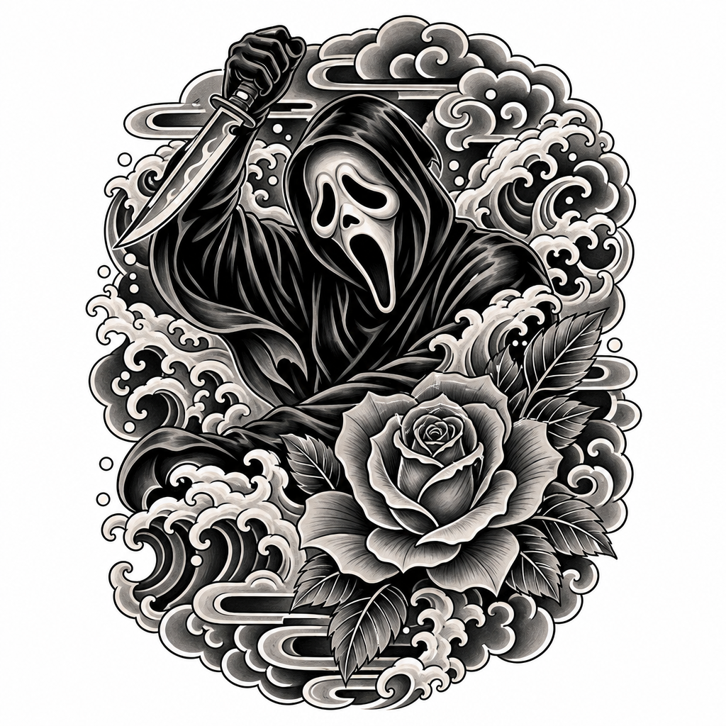 AI tattoo flash: Scarface von dem Film scream mit einer Rosse. Preview it on your own skin and expor