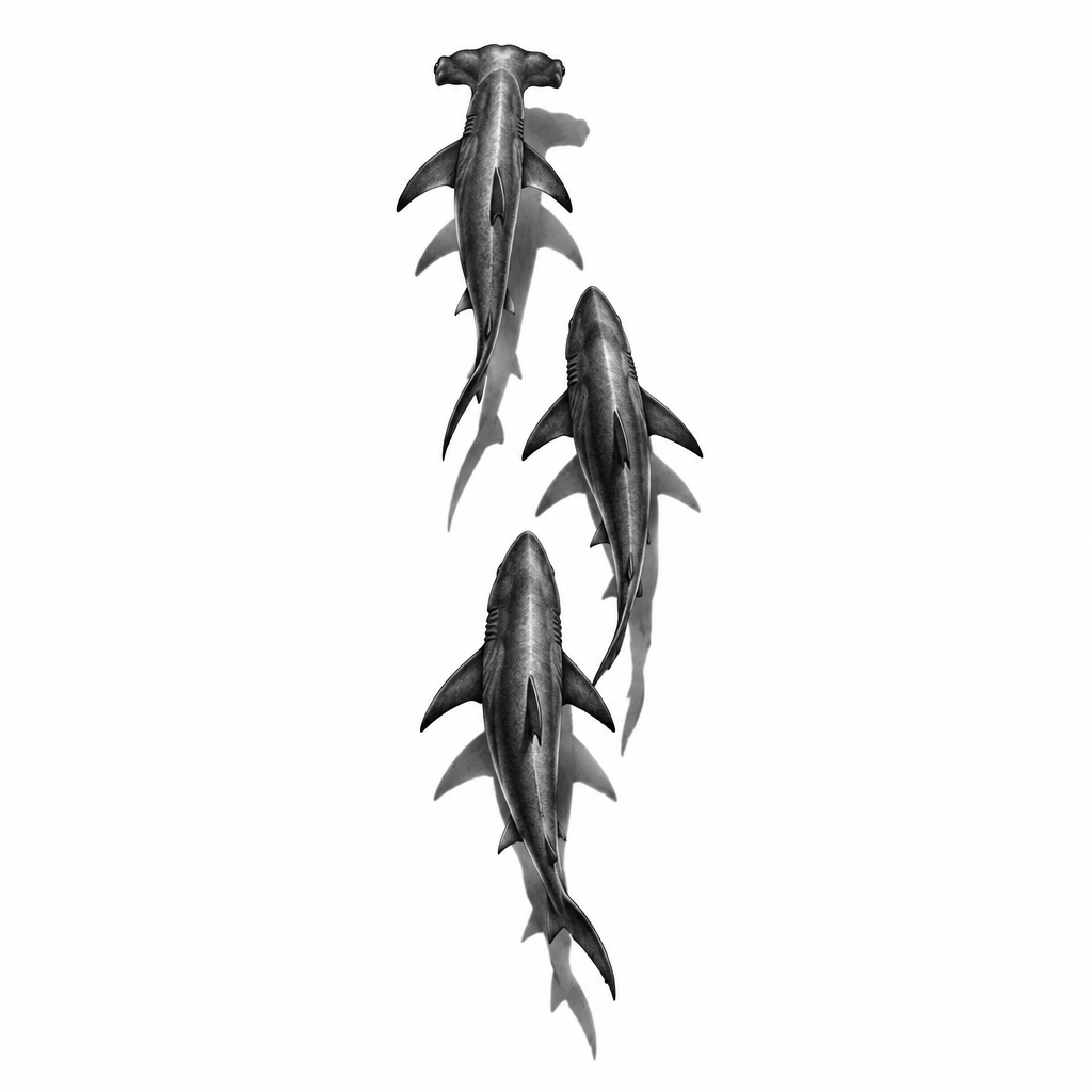 AI tattoo flash: 3 sharks seen from above swimming with their shadows underneath, swimming one behin