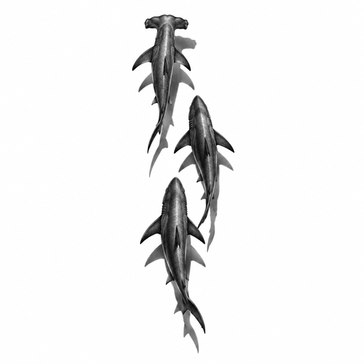 3 sharks seen from above swimming with their shadows underneath, swimming one be