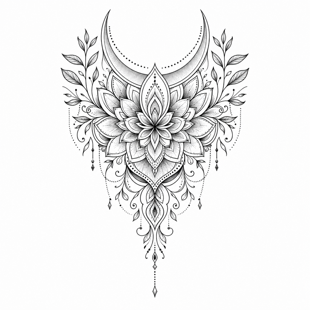 AI tattoo flash: ich möchte ein mandala mit einem halbreis oben gerne auch pflanzenblätter intigirer