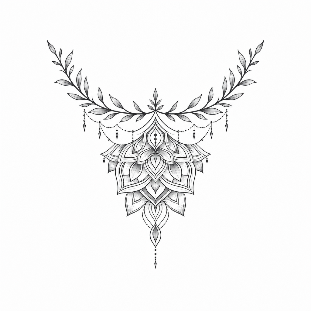 AI tattoo flash: ich möchte ein mandala mit einem halbreis oben gerne auch pflanzenblätter intigirer