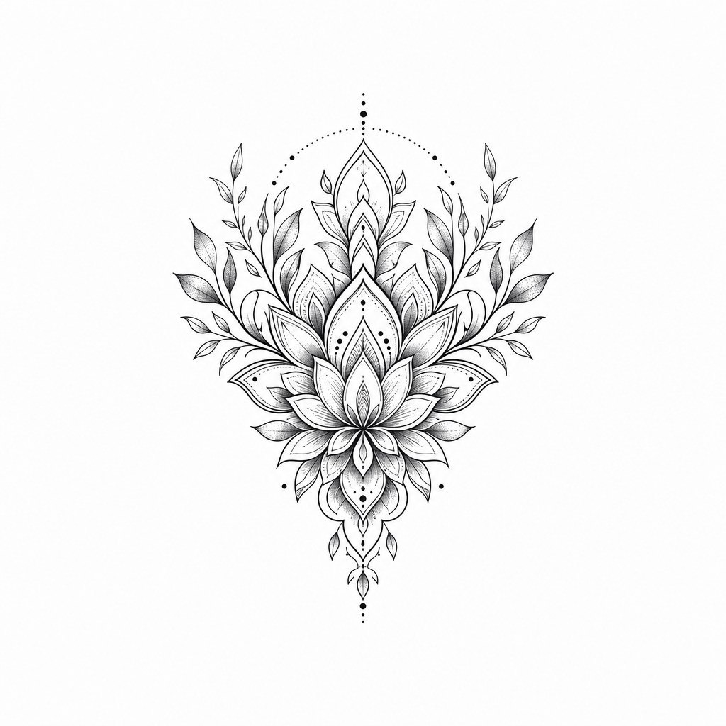AI tattoo flash: ich möchte ein mandala mit einem halbreis oben gerne auch pflanzenblätter intigirer