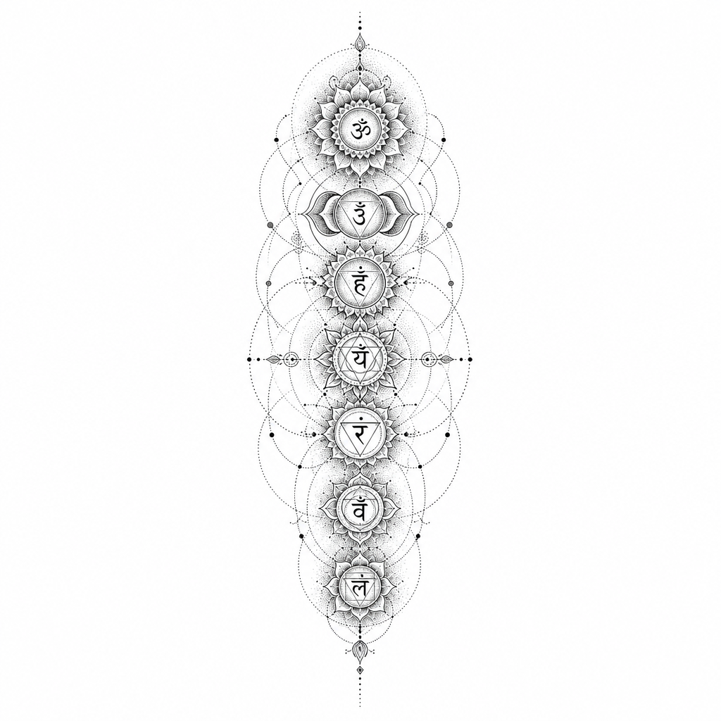 AI tattoo flash: seven glowing chakra points along spine. Preview it on your own skin and export an 