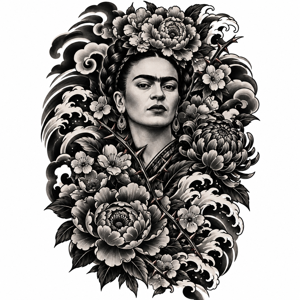AI tattoo flash: “frida kahlo ausgebreitete blüten das gesicht klar, ich möchte mehr blumen und ausg