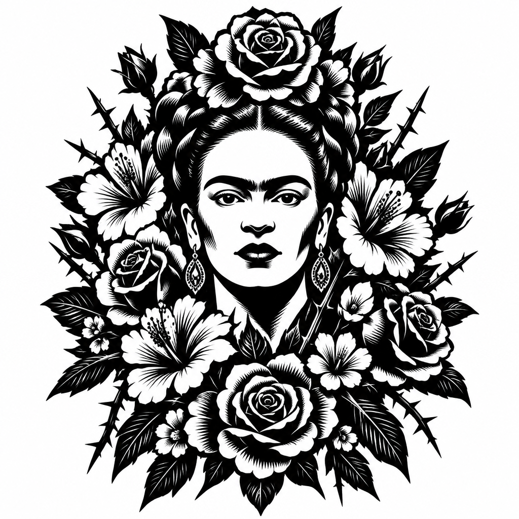 AI tattoo flash: frida kahlo ausgebreitete blüten das gesicht klar, ich möchte mehr blumen und ausge